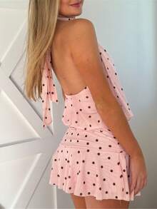 Women's Pleated Waist Sheer Mesh Ruffle Mini Dress Summer Casual Halter Neck High Neck Bodycon Short Dress Self-Tie Backless Sundress Party Clubwear - F210809-粉紅色 - 查看 7