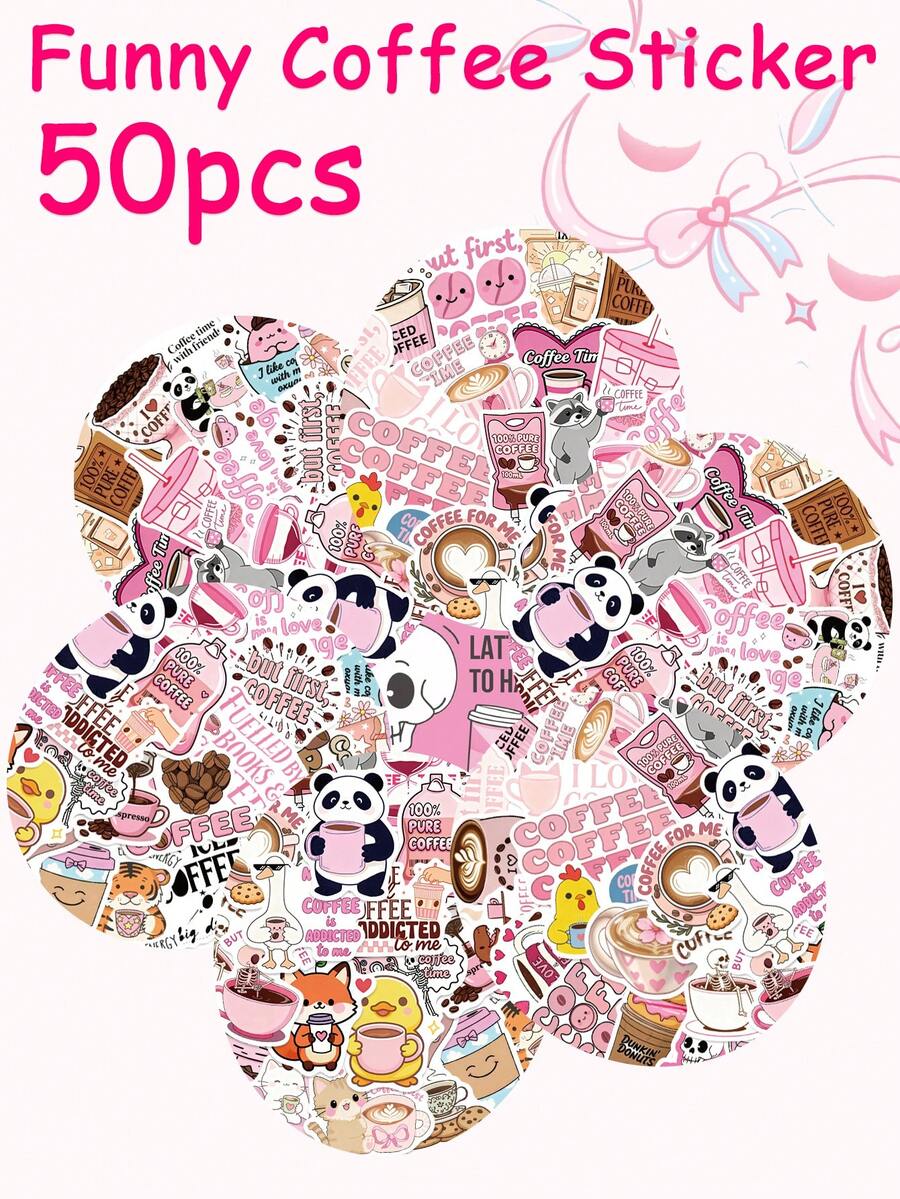 50pcs Fun Coffee Stickers, Pink Cartoon Doodle DIY Notebook Diary Stationery Bottle Stickers, Student Gift - Multicolor - View 1