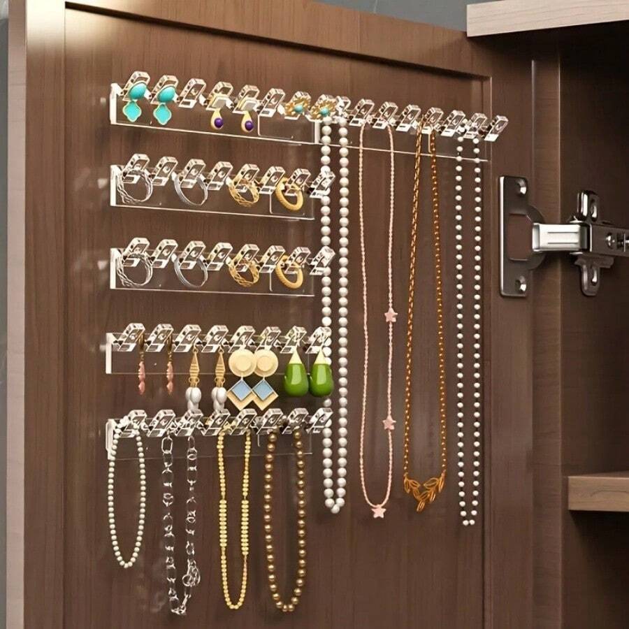 9pcs 8-Hook Clear Acrylic Wall-Mounted Jewelry Storage Rack - With Hole Hook Design, Necklace Bracelet Earring Ring Multi-Function Storage Organizer, Space-Saving Hanging Organizer, Sturdy And Durable Essential For Small Spaces, Perfect Home Decor Gift (Suitable For Living Room, Bedroom, Bathroom) - Multicolor - View 1