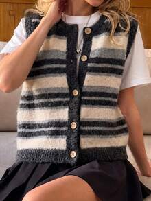 JIANHU Autumn/Winter Striped Knit Vest, Women's Comfortable Fuzzy Sweater Vest, Button Front, Casual Layering Fall - Dark Gray - View 4
