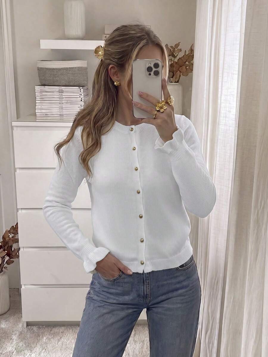 Women's Fall Winter Going Out Outfits Cardigang White Vintage Y2K Metal Buckle Ruffled White Soft And Sticky Knitted Sweater