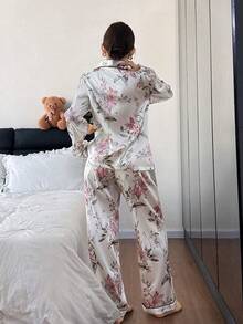 Dreamivo 2pcs/Set Women's White Floral Long Sleeve Long Pants Pajama Loungewear Set - White - View 2