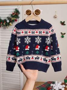 Young Boy Fashionable Versatile Jacquard Round Neck Long Sleeve Sweater Christmas - Navy Blue - View 1