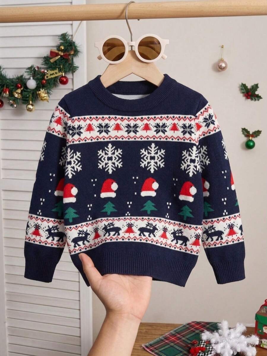 Young Boy Fashionable Versatile Jacquard Round Neck Long Sleeve Sweater Christmas - Navy Blue - View 1