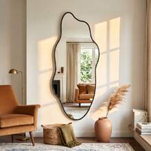 Modern Asymmetrical Wall-Mounted Makeup Mirror, Black Wooden Frame, Suitable For Bedroom, Living Room Or Entryway - Black 1pc - View 1