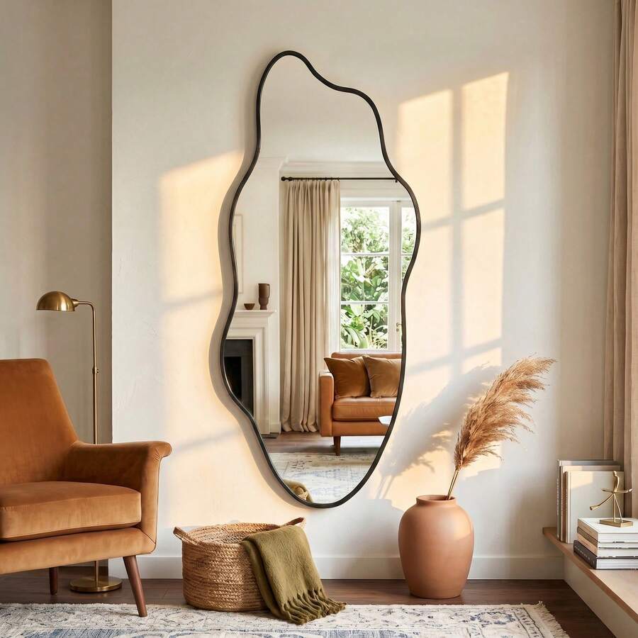 Modern Asymmetrical Wall-Mounted Makeup Mirror, Black Wooden Frame, Suitable For Bedroom, Living Room Or Entryway - Black 1pc - View 1