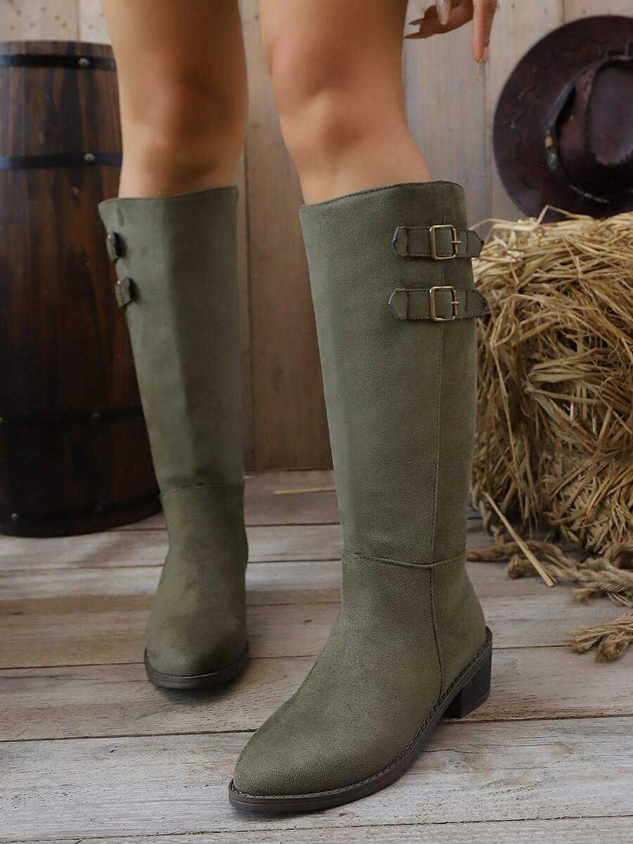 Fashion Plus Size Vintage Green Chunky Heel Mid-Calf Riding Boots For Women, Autumn/Winter - Green - View 1