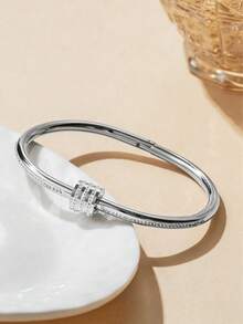 5PCS/1PC Stainless Steel Bracelet, Roman Numeral & White Shell Inlaid & Rhinestone Bracelet, Stackable Jewelry Gift For Women - Silver - View 5