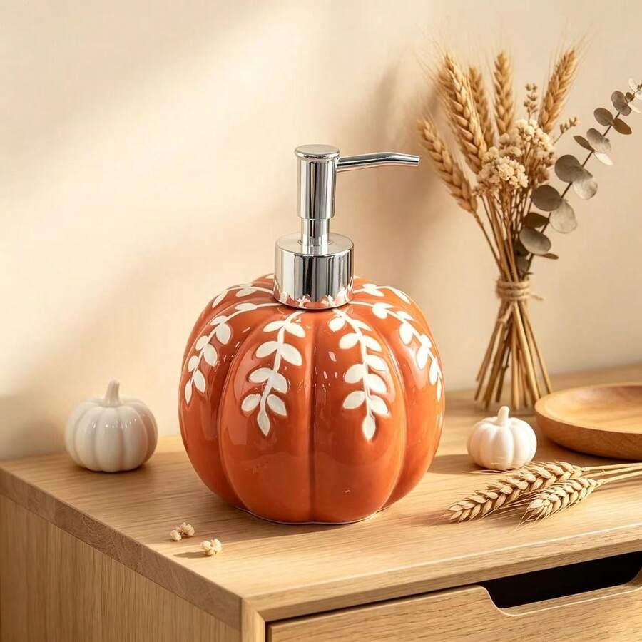 Halloween Thanksgiving Pumpkin Soap Dispenser, Orange Ceramic Liquid Hand Soap Bottle, Refillable Pump Head Lotion Container, Farmhouse Style Autumn Decor, Suitable For Bathroom Kitchen Bedroom Countertop - Multicolor - View 1