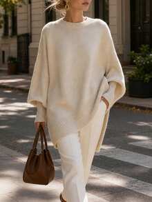 Women's Ribbed Hem Solid Color Asymmetric Loose Pullover Sweater Long Sleeve Knit Top, Suitable For Autumn Wear - Apricot - View 3
