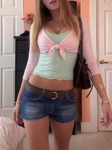 Women Y2K Ribbed Deep V Front Tie Crop Top, Three Quarter Sleeve Slim Fit Solid Color Casual Cropped Blouse - Pink - View 2