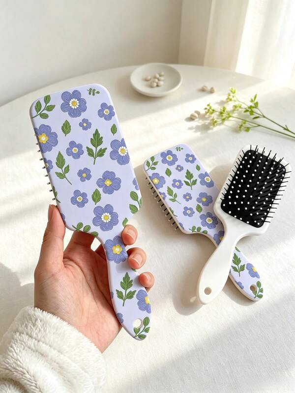 Light Purple Ditsy Floral Print Large Air Cushion Brush, Rounded Soft Bristle Air Massage Comb, Anti-Static Detangling Without Pulling, Suitable For Long, Short, Curly, Straight Hair, Ergonomic Non-Slip Handle, Fresh Floral Hair Comb, For Daily Home Hair Care