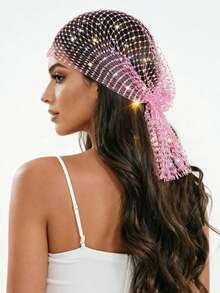 1pc Rhinestone Fishnet Headscarf, Crystal Fishnet Headwrap, Sparkling Rhinestone Mesh Long Tail Hair Cap, Party Bridal Styling Headpiece, Elastic Hairband, Luxury Black Rhinestone Mesh Headwrap Scarf - A - View 14
