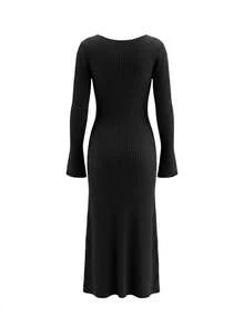 Sweet Pure Style V-Neck Bow Design Long Sleeve Knit Bodycon Dress For Women, Youthful And Age-Reducing - Black - View 7