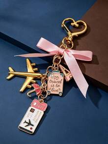 Travel Keychain,Bag Charm,Airplane Charm, Suitcase Ornament,Heart Clasp Keyring, Ribbon Decor, Alloy Pendant, Handbag Accessory,Fashion Ornament Gift - Multicolor - View 2