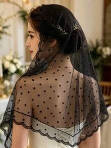1pc Solid Color Embroidered Lace Floral Jacquard Shawl Headscarf - S55884 - Black - View 2