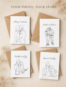 1pc Customized Couple Line Art Wedding Greeting Cards, Single-Line Sketch Blessing Cards For The Couple, Personalized Wedding Portrait Memo Cards, Minimalist Wedding Stationery, Customized Wedding Painting Cards. - Multicolor - View 3