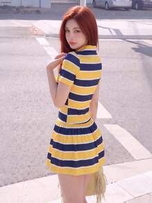 Preppy Summer Short Sleeve Polo Dress For Women Striped Knitted Mini Dress With Fitted Silhouette - Yellow - View 3