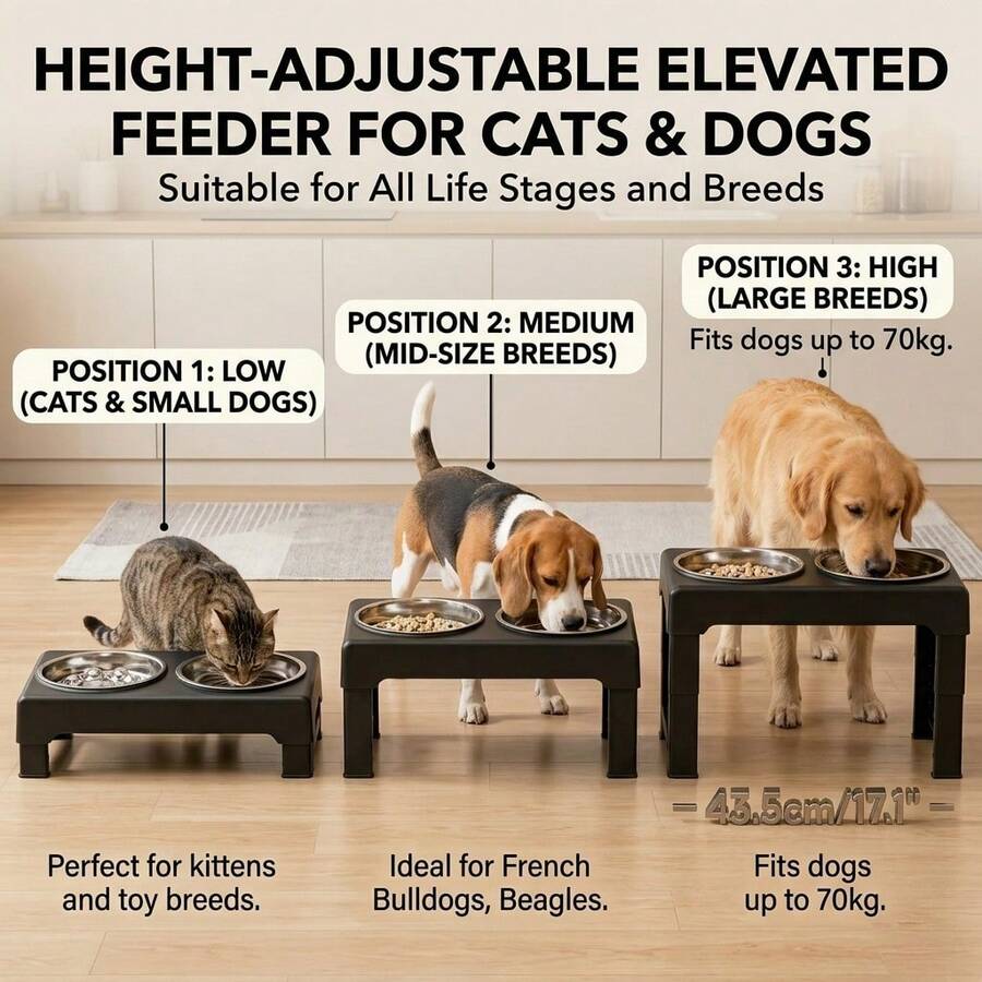 Elevated Dog Bowls/Adjustable Elevated Dog Bowl/3 Height Adjustable Raised Dog Bowl Stand With 2 Stainless Steel Dog Food Bowls Non-Slip Dog Feeder Suitable For Dogs Of All Sizes Black/Stainless Steel Upright Anti-Vomit Dog Bowl