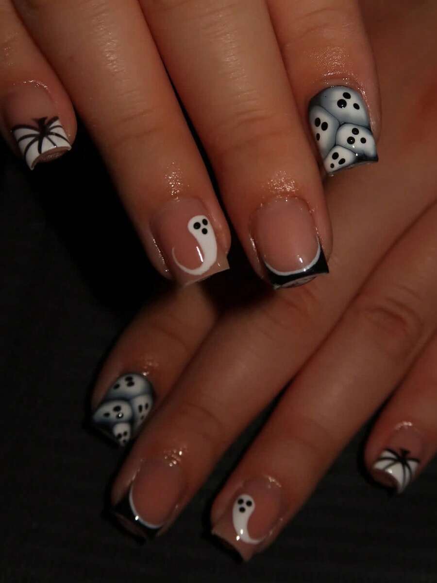 Halloween 24pcs Short Square French Press-On Nails, Ghost & Pumpkin Pattern Design, Acrylic False Nail Set Includes 1pc Jelly Glue And 1pc Nail File - Multicolor - View 1