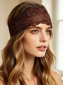 3pcs Women's European & American Style Solid Color Embroidered Lace Elegant Fashion Breathable Comfortable Lightweight Decorative Headbands, Suitable For Daily Commute, Outfit Matching, Shopping, Travel, Photography, Exquisite Gift For Best Friends - Rice Flour Brown Three-piece Set - View 4