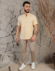 Men's Premium Short-Sleeve Shirt, Lightweight Fabric, Easy To Iron,  For Summer And Beach, Linen Look - - Butter Yellow - View 6