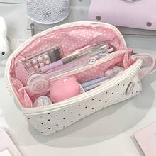 1pc Cute Multi-Compartment Stationery Storage Bag, Beige Polka Dot Design, Suitable For Students Classroom Learning, Back To School, First Day Of School - Multicolor - View 4