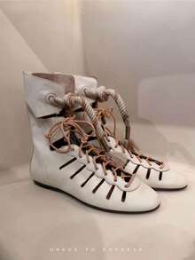 Sepatu Bot Ankle Romawi Berongga untuk Wanita, Sepatu Bot Ankle Datar Bertali Tali Rumbai Gaya Bohemian, Sandal Gladiator Berongga - Krem - View 4