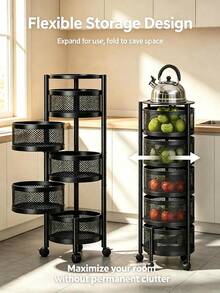 1PC 5-Tier Rotatable Carbon Steel Rolling Storage Cart With Wheels, No Assembly Lazy Susan Organizer Shelf, Lightweight Sturdy Multi-Layer Trolley For Kitchen Bathroom Office, US Warehouse Fast Shipping - Black - View 4