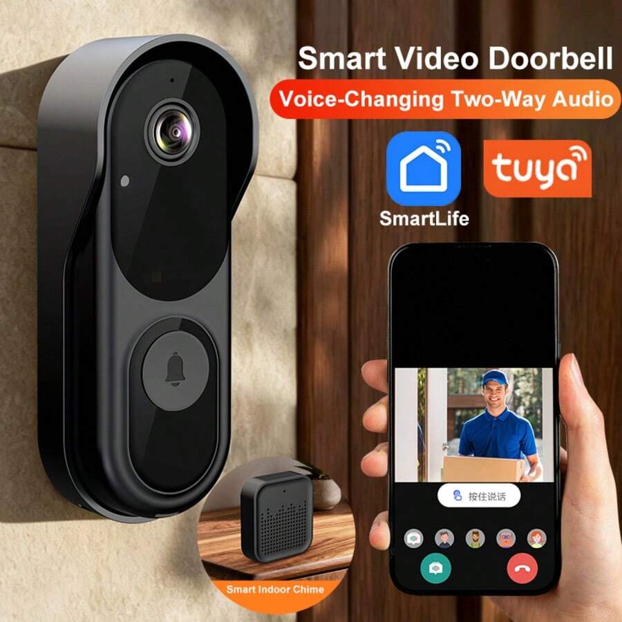 Wireless Smart Video Doorbell Camera, 2.4G WiFi Home Security System, Real-Time Notification, Night Vision, Two-Way Audio, Cloud/SD Card Storage, Rechargeable Battery, Indoor/Outdoor Universal, Smartphone Support
