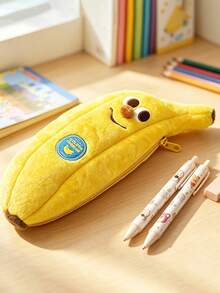 1pc Cute Plush Banana Pencil Case, Cartoon Smiling Face Large Capacity Student Stationery Storage Bag, First Day Of School - Yellow - View 4