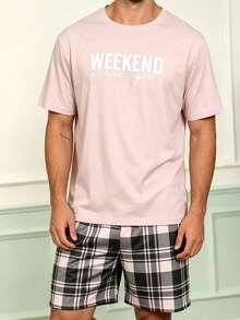 Men's WEEKEND Letter Print Short Sleeve Plaid Shorts Pajama Set, 2 Pieces Comfortable Loungewear Set - Multicolor - View 4