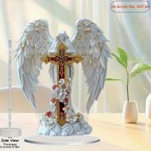 Centro de mesa decorativo plano 2D con formas de ángel y cruz de acrílico y acentos florales - Decoración navideña para el hogar, decoración de Halloween para el hogar, decoración de habitación de mujer - A - Ver 2