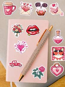 50 Peças Adesivos Decorativos de PP Vermelho para o Dia dos Namorados, Ilustrações Feitas à Mão de Corações, Caixas de Presente, Câmeras, Rosquinhas e Gatos, Para Colagem de Diário, Cartão Kuka, Garrafa de Água, Bagagem, Decoração DIY do Dia dos Namorados, Suprimentos Escolares, Volta às Aulas - Multicolorido - Visão 5