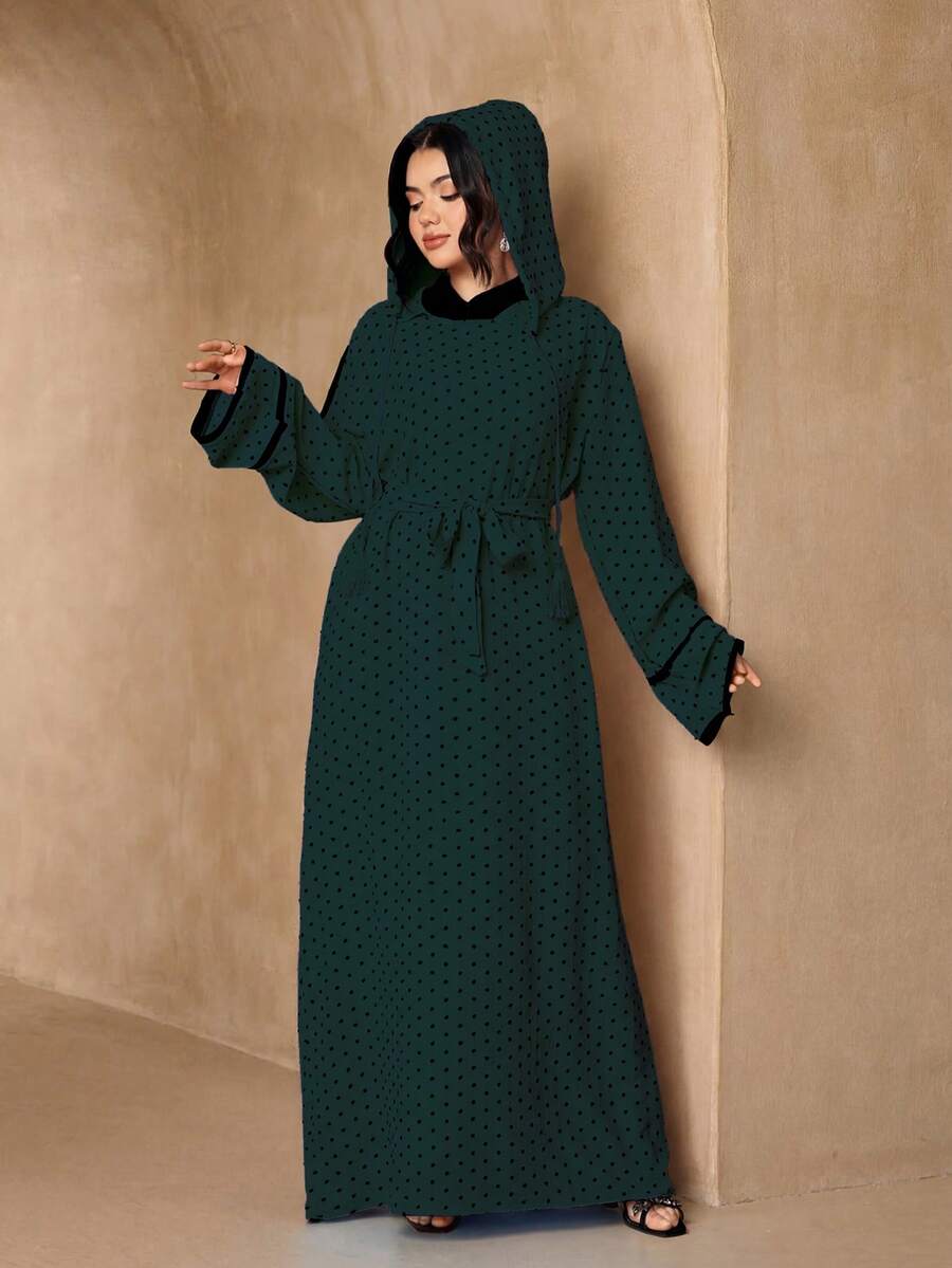 時尚百搭波點連帽長款女式兩件套優雅柔軟阿巴亞罩衫 + 腰帶套裝 防曬穆斯林服飾披肩 - 墨綠色 - 查看 1