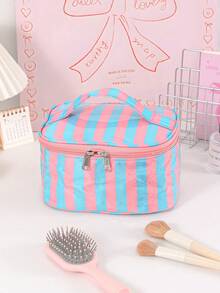 Portable Vertical Stripe Cosmetic Case Waterproof Large Makeup Bag Cute Aesthetic Toiletry Bag Handheld Beauty Handbag For Women Daily & Vacation Use - Multicolor - View 8