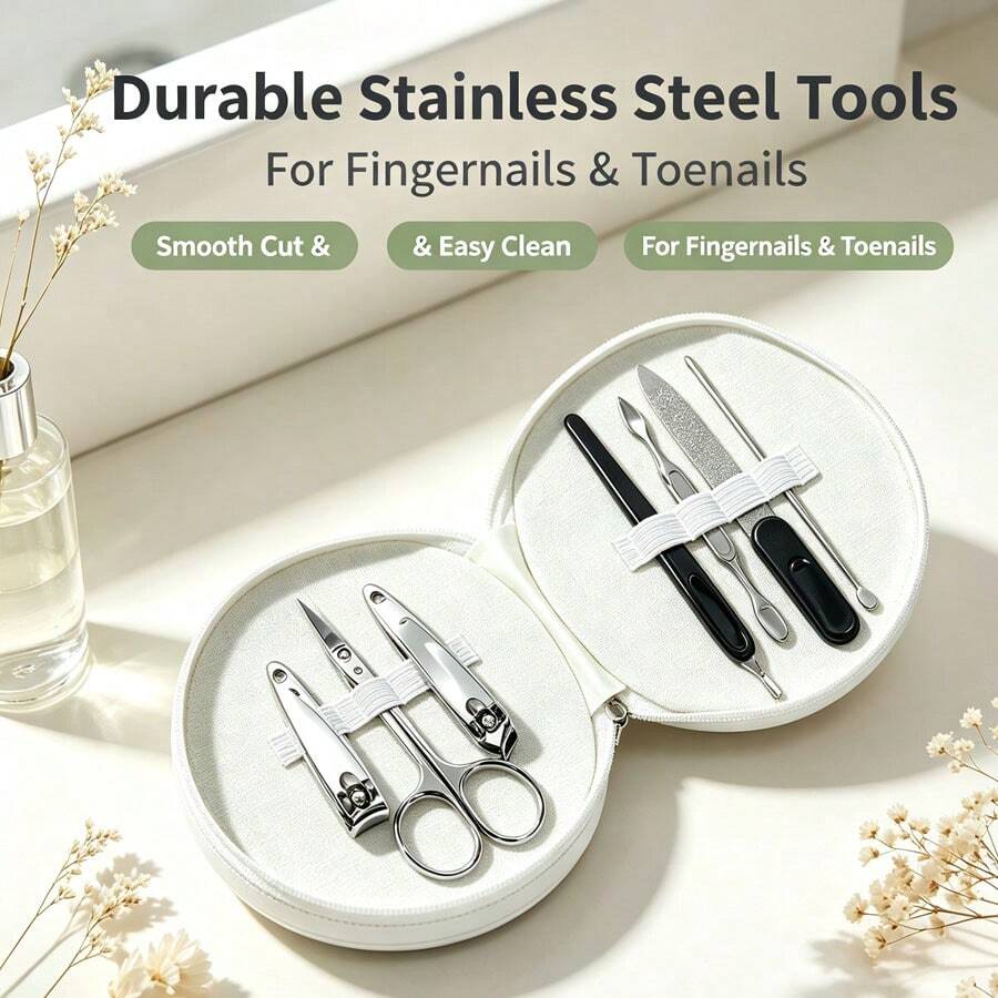7Pcs Portable Nail Manicure Kit Stainless Steel Nail Clippers Cuticle Remover Nail File Round Storage Bag Travel Nail Care Manicure Pedicure Tools - Multicolor - View 1