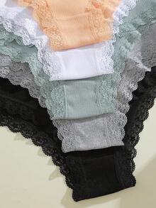 5件組女款蕾絲拼接舒適蝴蝶結裝飾內褲套裝，柔軟彈性日常休閒內衣 - 彩色 - 查看 6