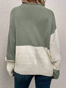 Plus Size Women's Autumn/Winter Essential Colorblock Drop Shoulder Loose Long Sleeve Casual Sweater For Daily Wear - Green - View 5
