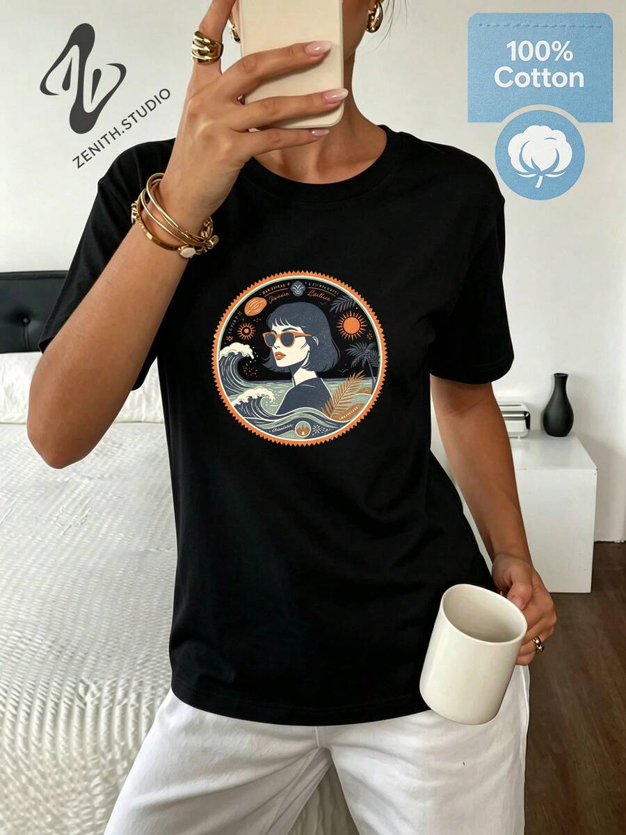 Retro Seaside Sunglasses For Girls, Pure Cotton Short Sleeve Summer Vacation Top With Badge Print - 黑色 - 查看 1