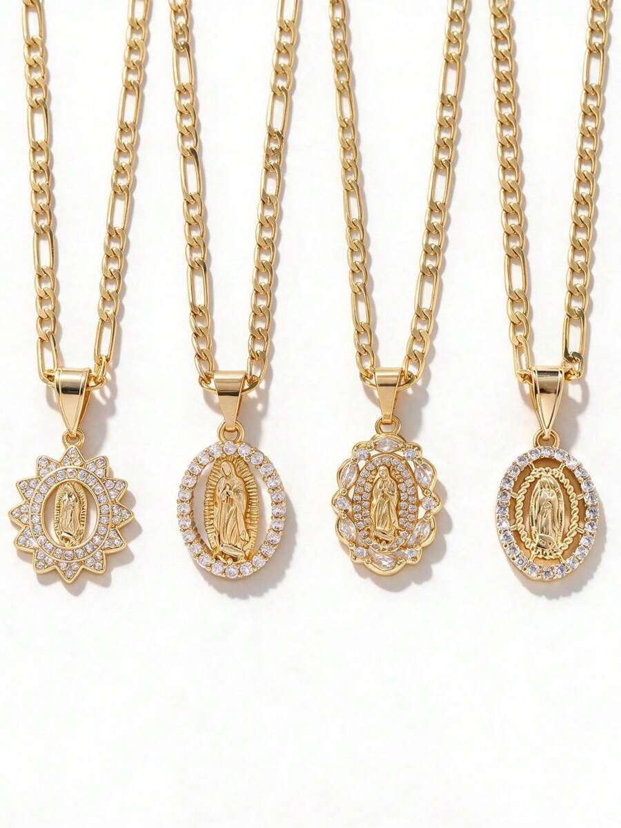 4pcs Virgin Mary Pendant Necklace, 14k Gold Plated Copper Exquisitely Crafted, Paired With 60cm Classic Figaro Chain, Carrying Blessing And Protection Meaning, Suitable For Commuting, Shopping, Holiday Gifts, Church Prayer, Simple And Timeless Design. - Yellow Gold - View 1