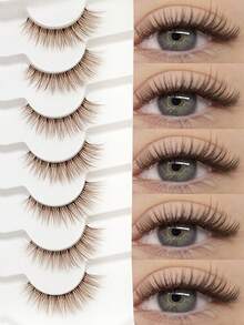 Asiteo 7 Pairs Brown Faux Mink False Eyelashes, Transparent Band Cat Eye Full Strip Lashes, Suitable For Daily Eye Makeup, Beginner Friendly - Brown - View 1