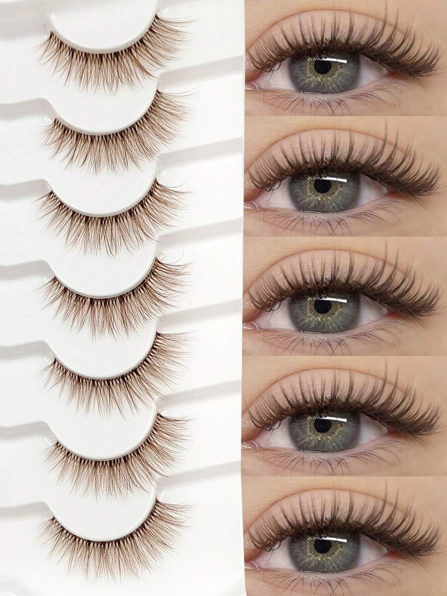 Asiteo 7 Pairs Brown Faux Mink False Eyelashes, Transparent Band Cat Eye Full Strip Lashes, Suitable For Daily Eye Makeup, Beginner Friendly - Brown - View 1
