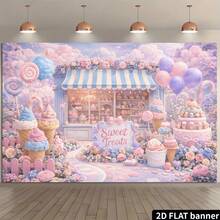 2d Plane Dream Dessert Shop Theme Background Cloth, Macaroon Style, With Lollipop Ice Cream Cake Flowers Balloon Cloud Design, Durable Polyester Material, No Power Supply. - 1 - View 1