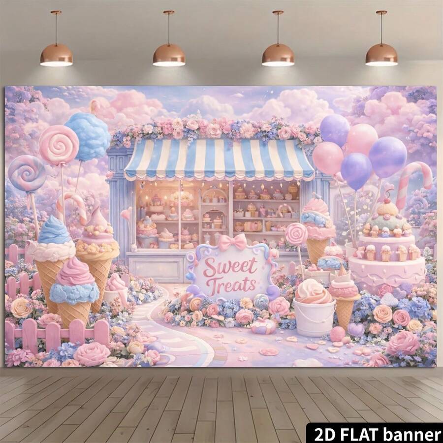 2d Plane Dream Dessert Shop Theme Background Cloth, Macaroon Style, With Lollipop Ice Cream Cake Flowers Balloon Cloud Design, Durable Polyester Material, No Power Supply. - 1 - View 1