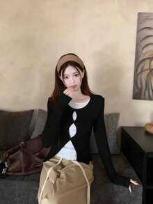 French Style 2 In 1 Hollow Polka Dot Long Sleeve T-Shirt, Autumn New High-End Slim Fit Versatile Top - Black - View 1