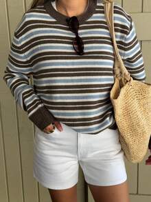 Women's New Multi-Color Horizontal Striped Patchwork Long Sleeve Half-Open Collar Knit Sweater Fall - Multicolor - View 4