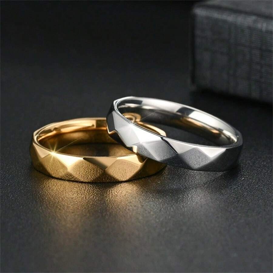 Minimalist Multi-Faceted Rhombus Polished Titanium Steel Ring, Gold And Silver Dual Color Options, 3D Cut Refractive Delicate Luster, Waterproof Hypoallergenic Non-Oxidizing Non-Fading, Plain Band Versatile For Commuting, Suitable As Couple Rings, Daily Stacking Rings, Simple Elegant Gift Accessory - Multicolor - View 1