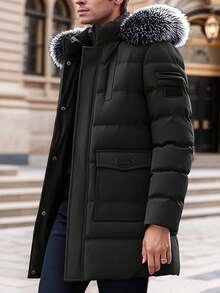 Men's Black Winter Casual Date Long Sleeve Pocket Design Hooded Parka With Fur Collar,Oversized Plus Size Warm Outerwear Jacket Coat Clothes - Black - View 5
