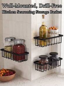 Scaffale da parete per spezie e prodotti da cucina con installazione senza foratura. Adatto per organizzare utensili da cucina, articoli da bagno, barattoli di spezie, prodotti per la cura della pelle e altro; può essere appeso in cucina, bagno, dietro le porte o nell'ingresso. - nero - Visualizzare 12